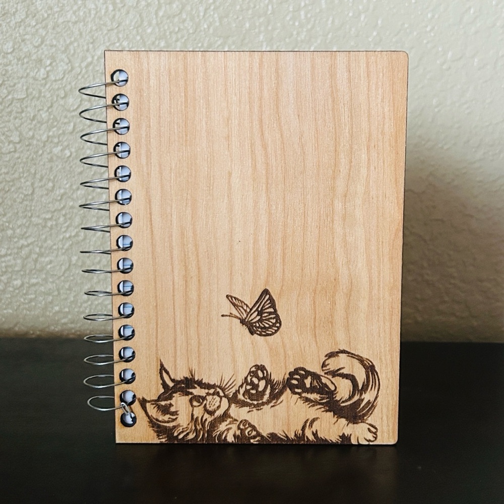 🦋 Kitten & Butterfly Wooden Artisan Handmade Notebook NWT